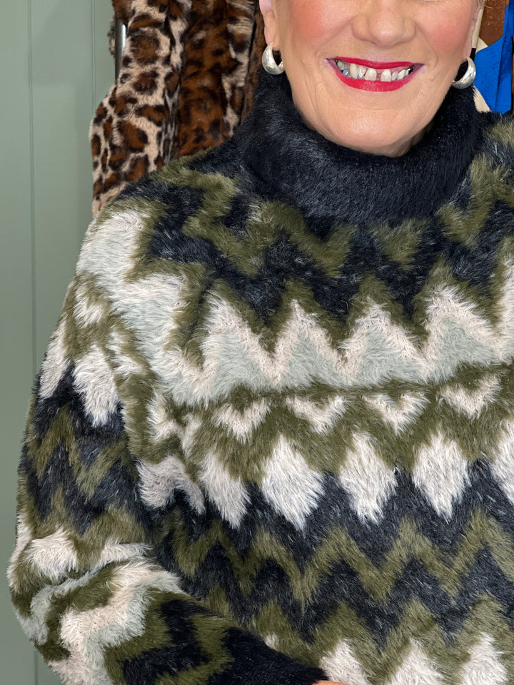 Oui Geometric Pullover In Khaki Rose