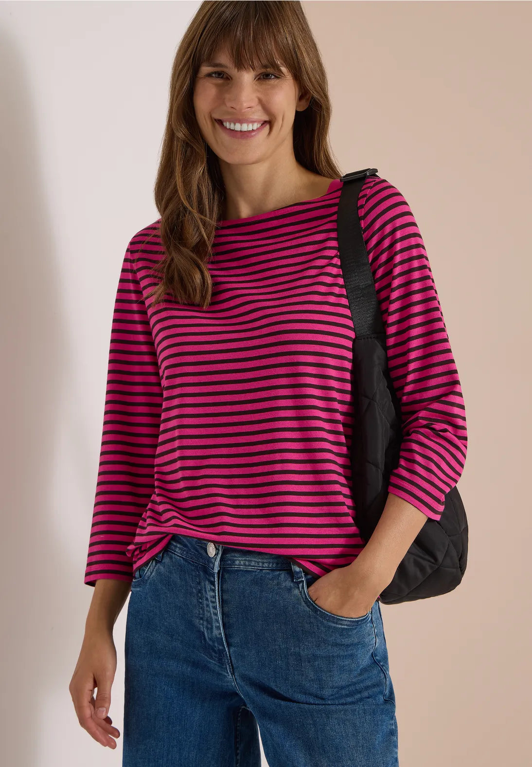 Striped boat neck top in pink & brown