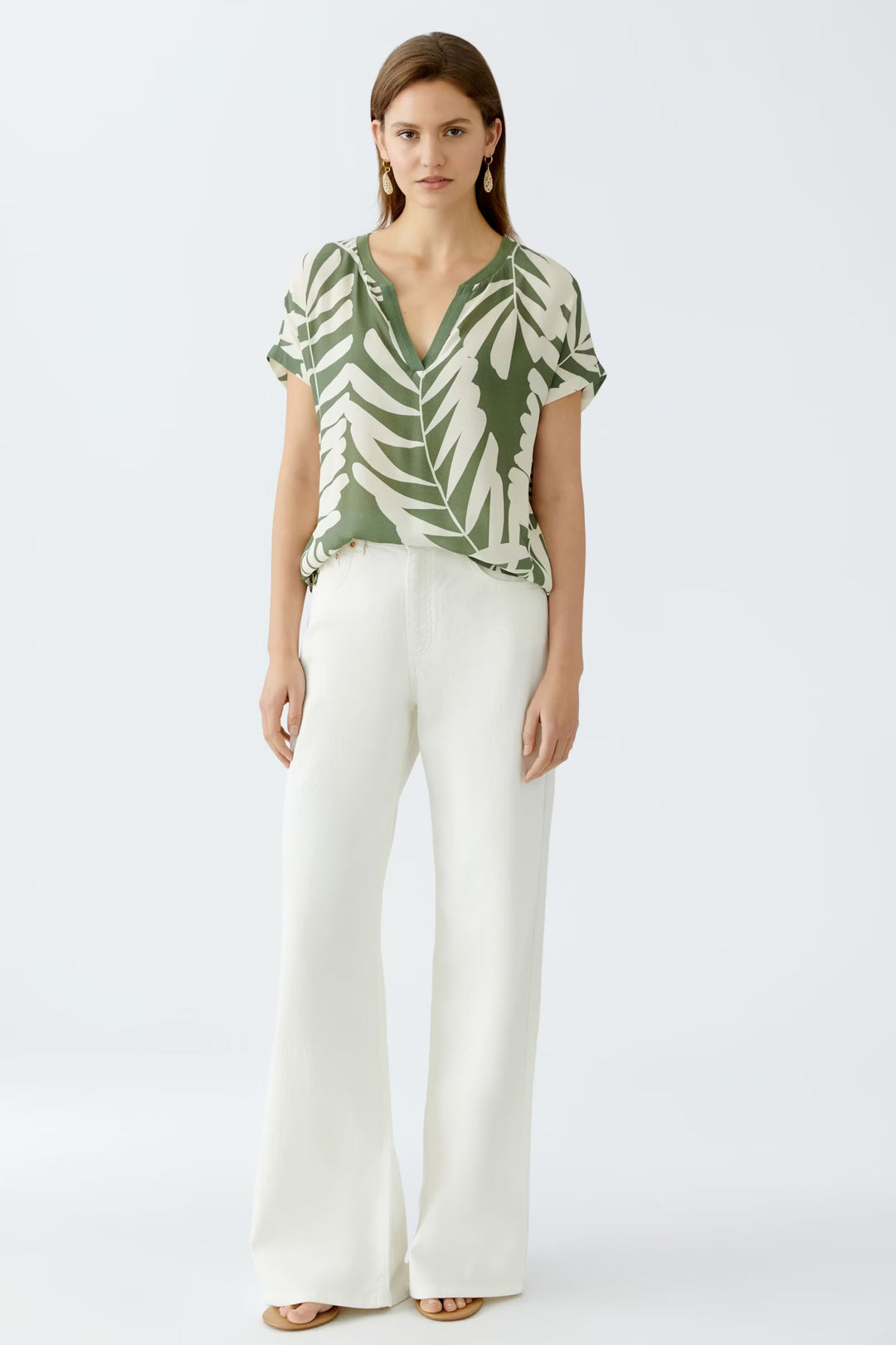 Oui Floral Blouse In Khaki & Stone
