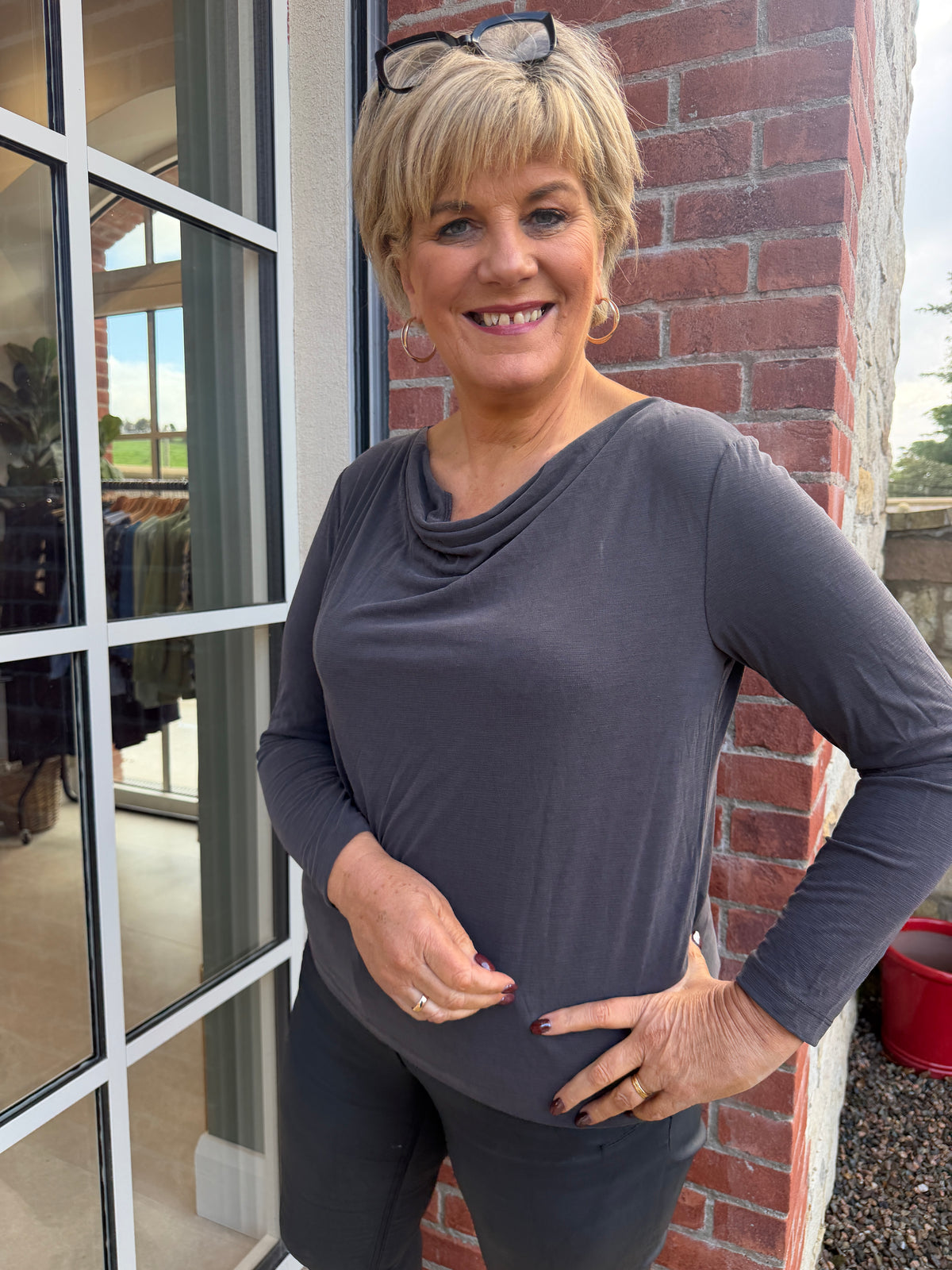 Silk waterfall top in black coffee