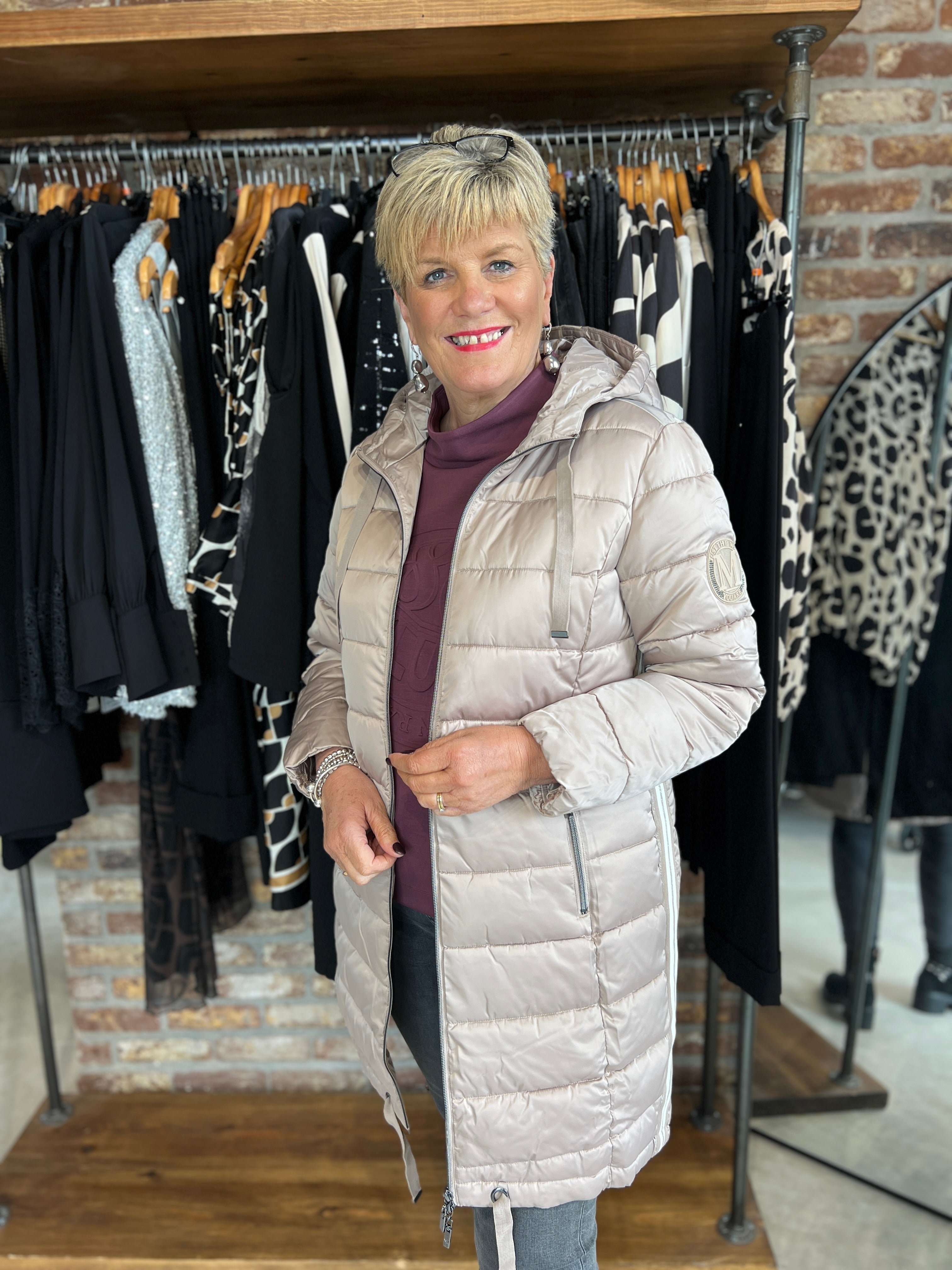 Monari Quilted Coat With Stripes In Truffle