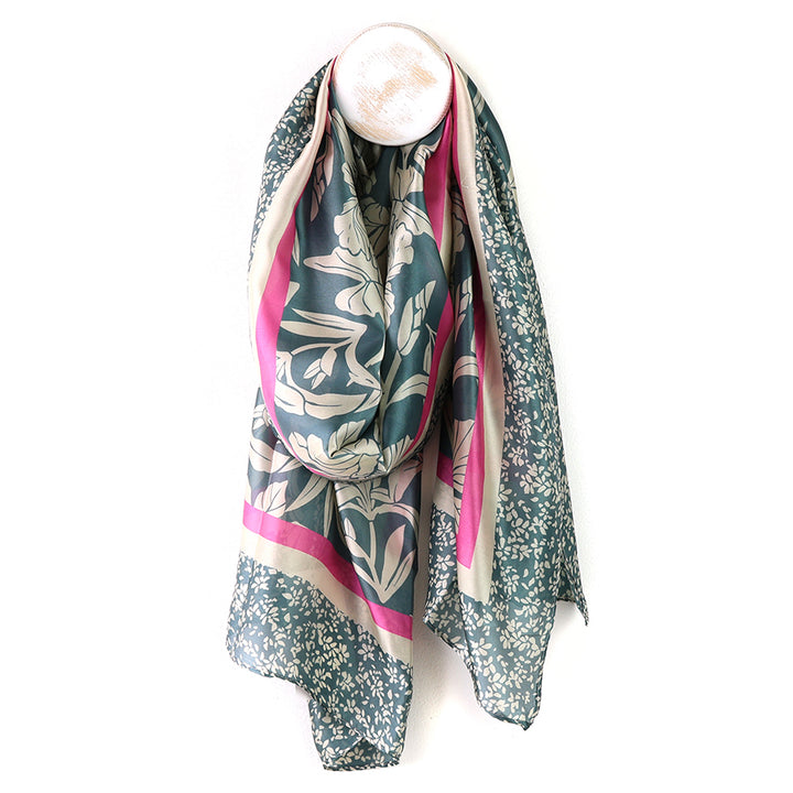 Pom floral border print Silky scarf In blue & pink