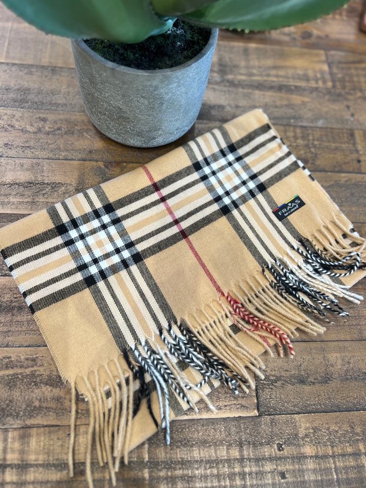 Cashmink Plaid Patterned Scarf In Camel