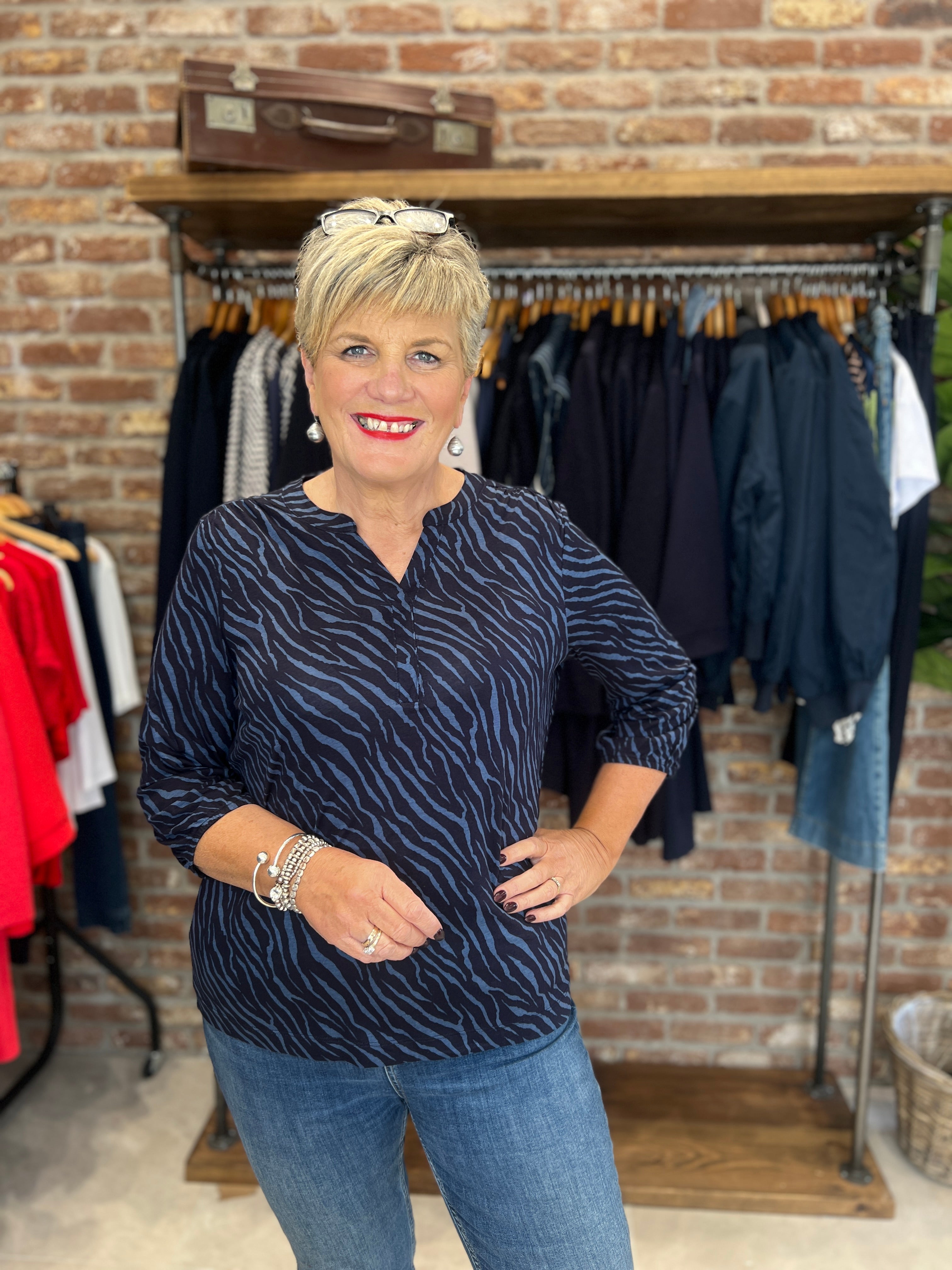 Cecil Split Neck Top In Urban dark blue