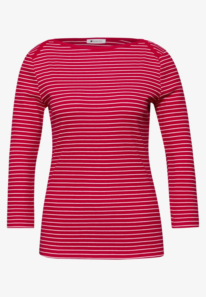 Street One Boat Neckline Striped Top In Salsa Red