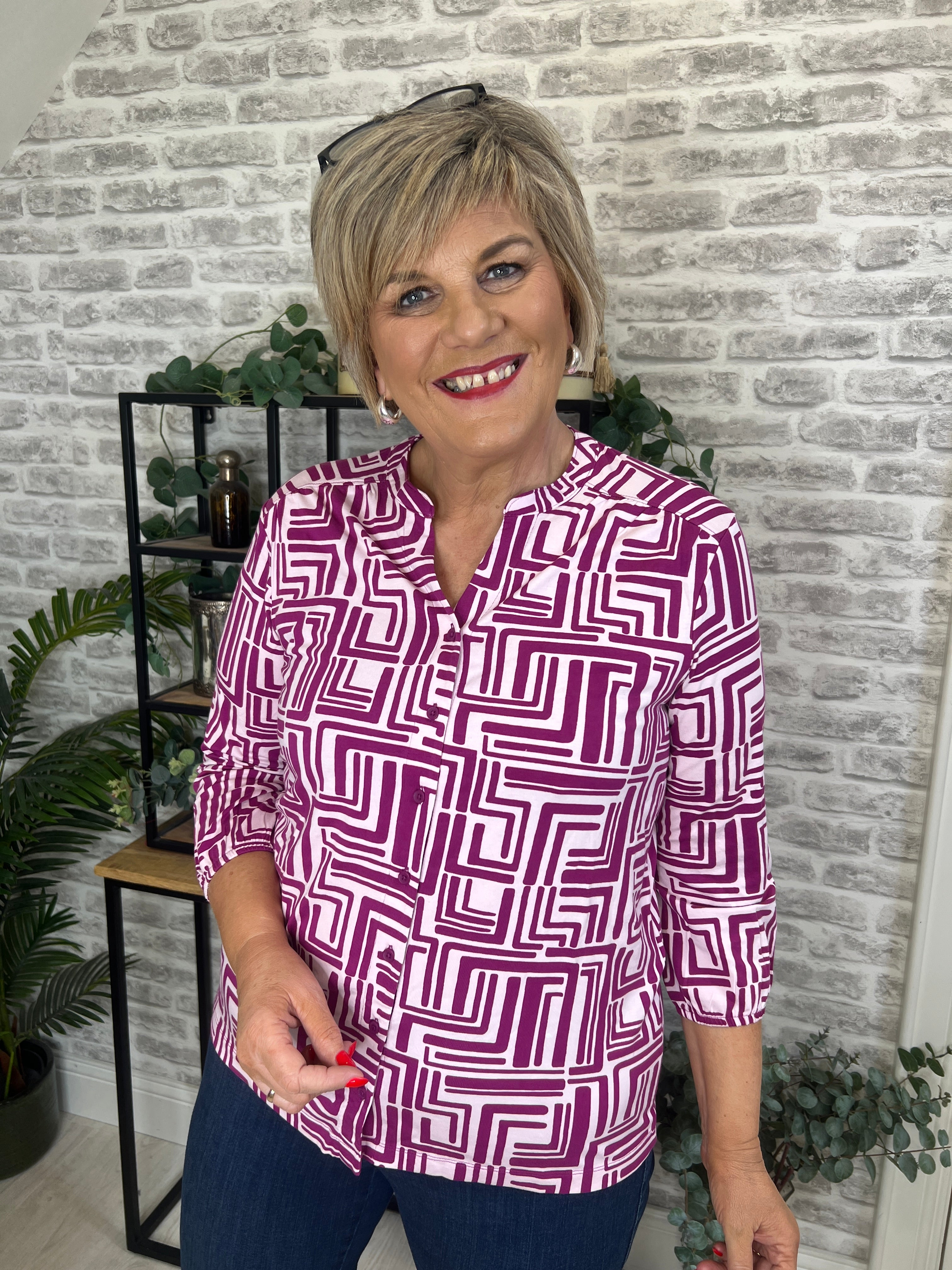 Cecil Big Print Buttoned Top In Anemone Pink