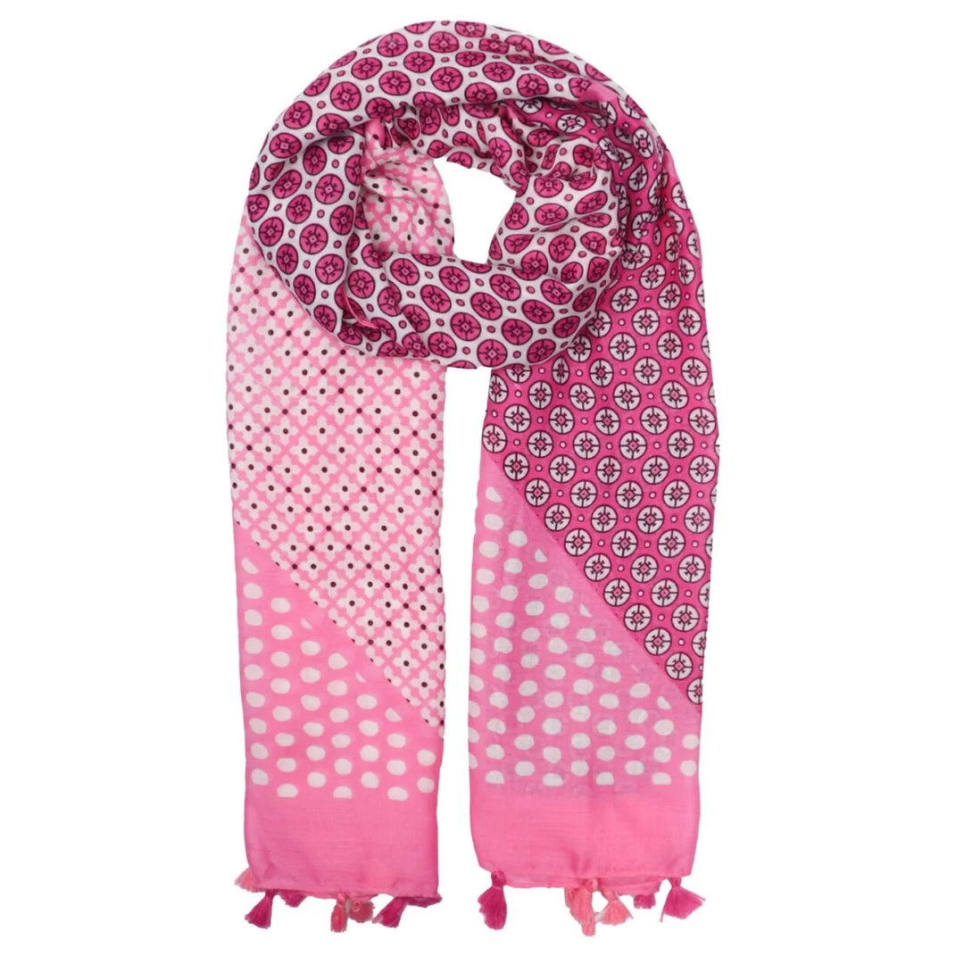 Polly Multi Patterned With Tassels Scarf In Pink