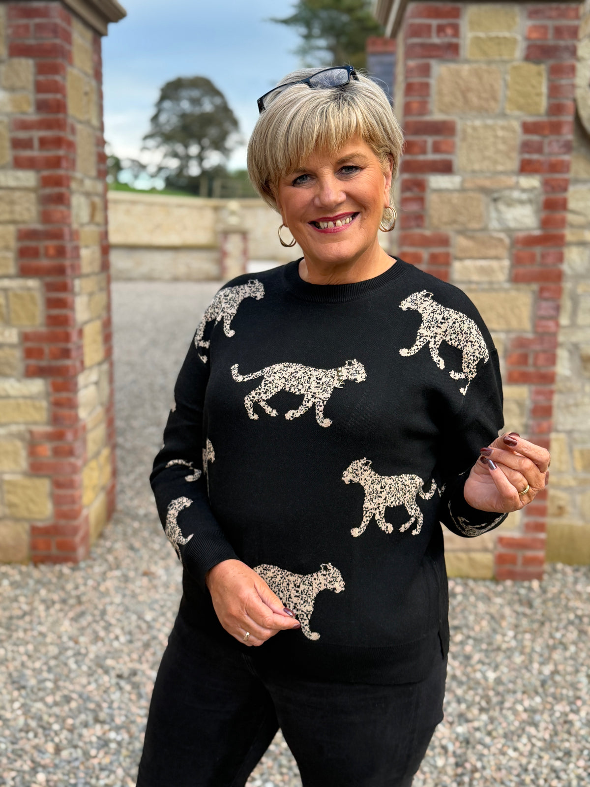 Jacquard leopard pullover in black & brown