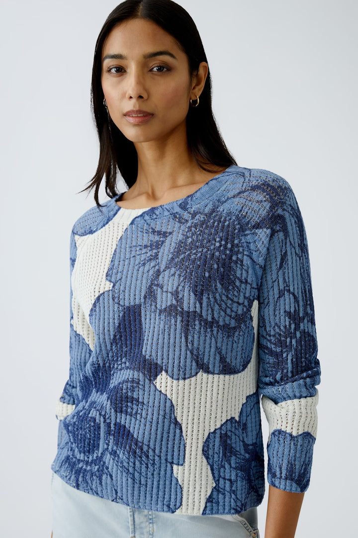 Oui Floral Pullover In Blue & White