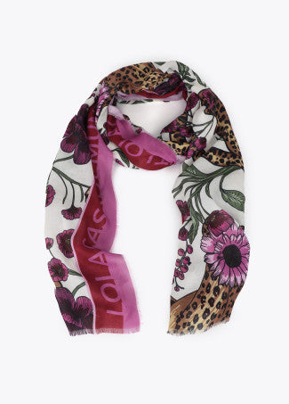 Tigers & flowers scarf in pink/ecru multi