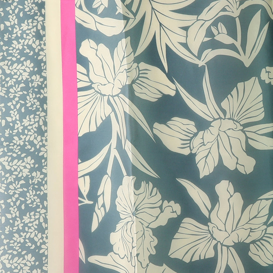 Pom floral border print Silky scarf In blue & pink