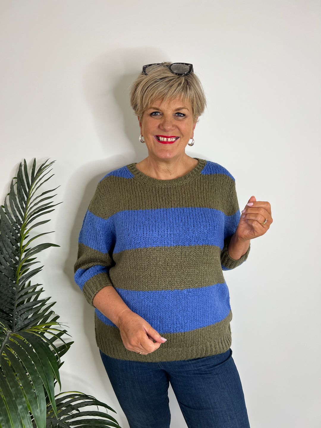 Oui Esmy Striped Pullover In Khaki & Blue
