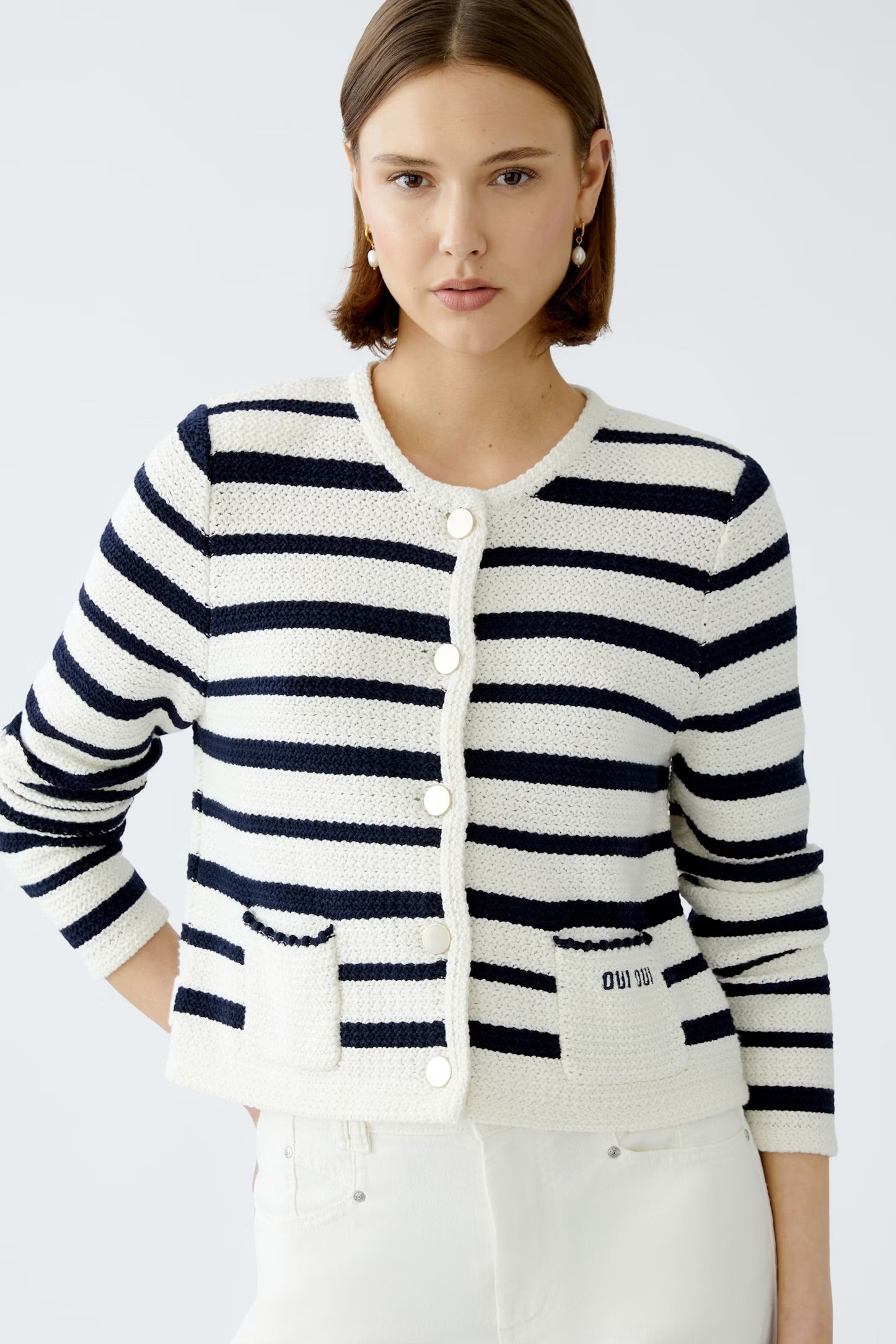 Oui Striped Cardigan In navy & White