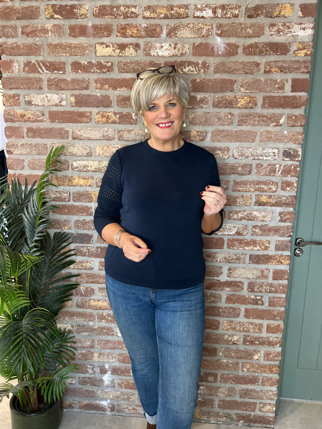 Street One sweatshirt with knitted sleeve In Navy