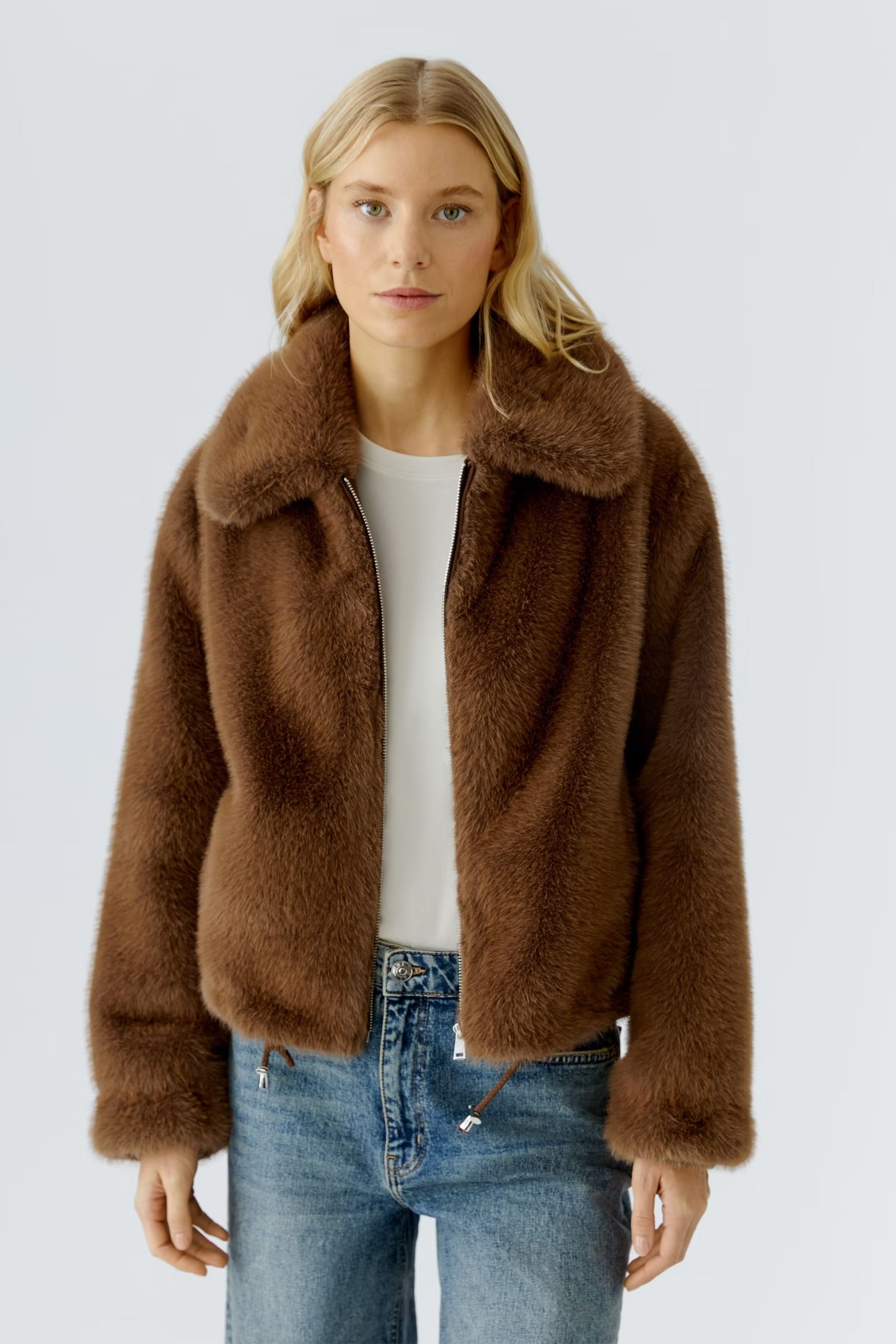 Oui Faux Fur Jacket In Taupe