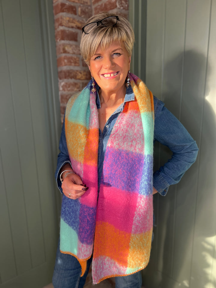 Sophie Tartan Angled Scarf In Pink Multi