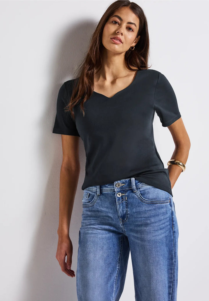 Street One Heart Neckline Top In Deep Water Blue