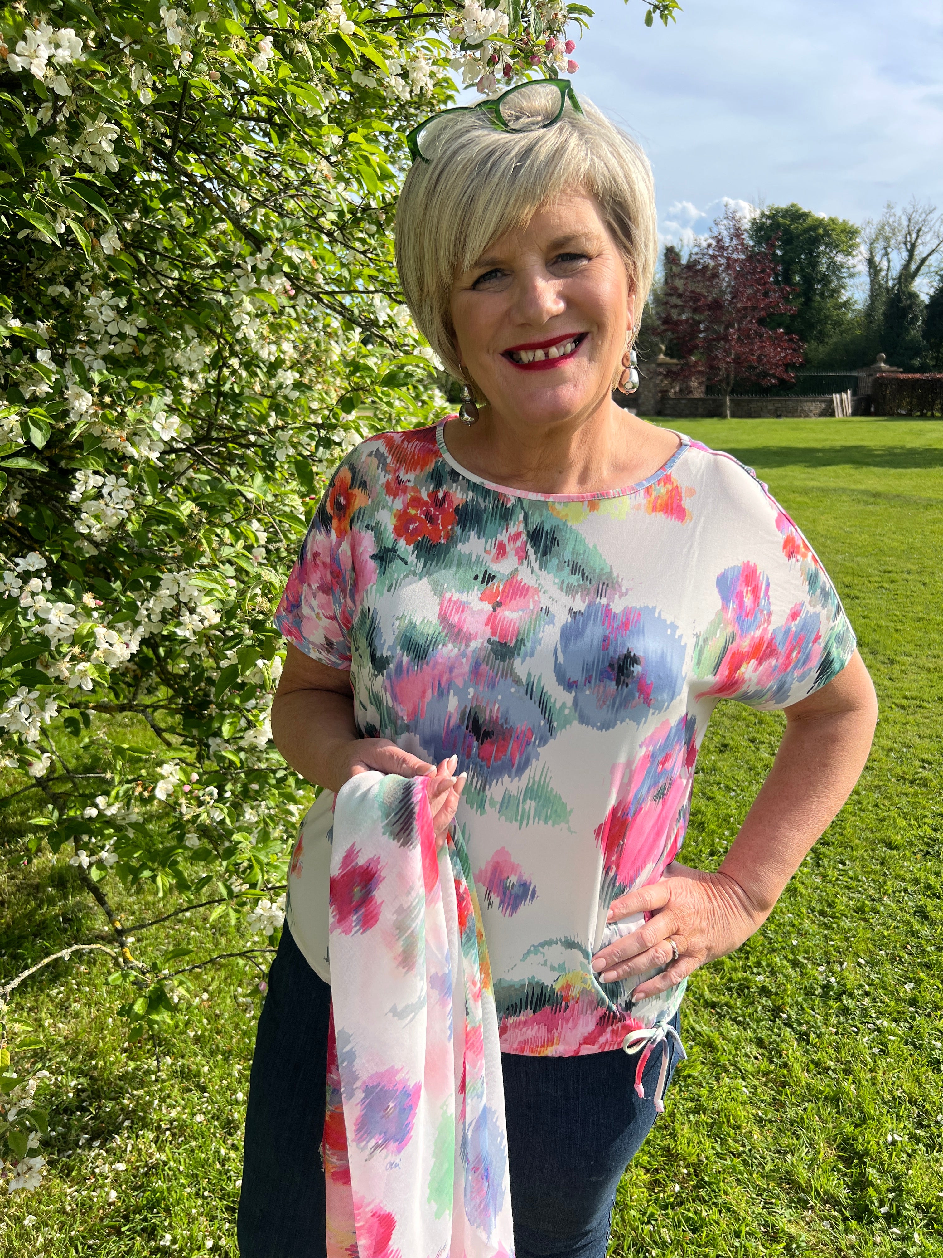 Oui Floral Top With Tie In Pink & Green