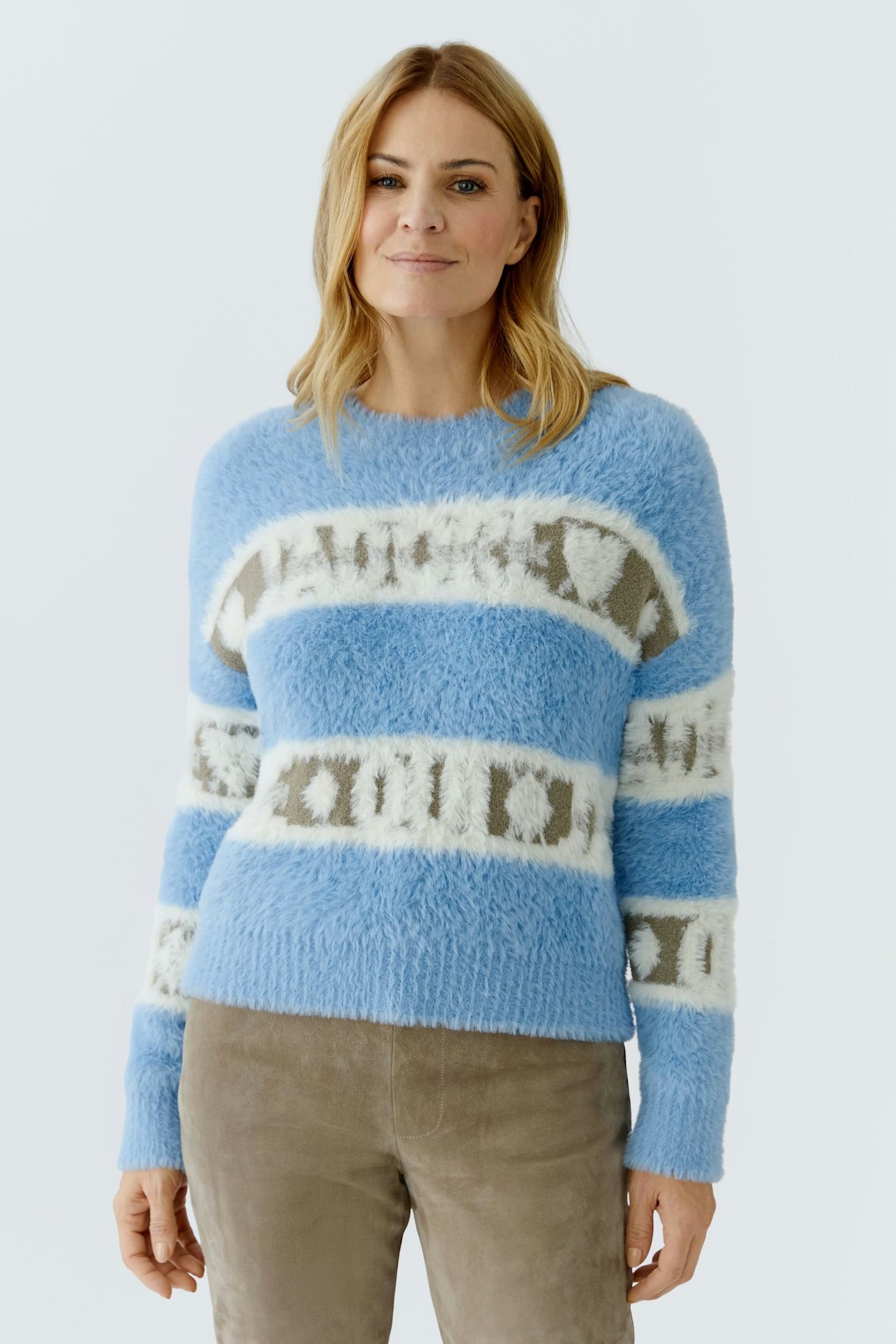 Oui Stripes & wording Pullover In Light Blue & Green