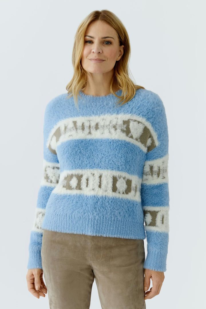 Oui Stripes & wording Pullover In Light Blue & Green