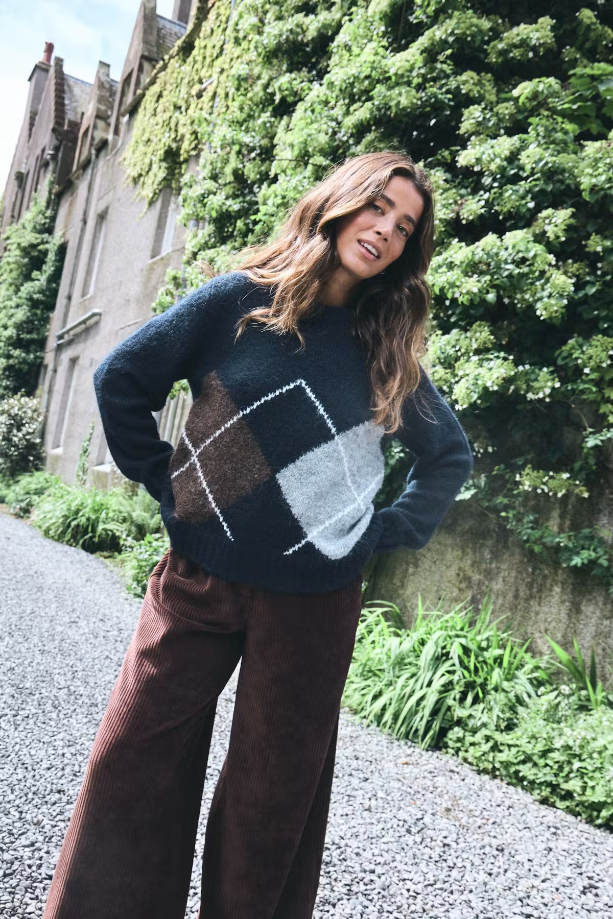 Diamond print pullover in Blue & Brown
