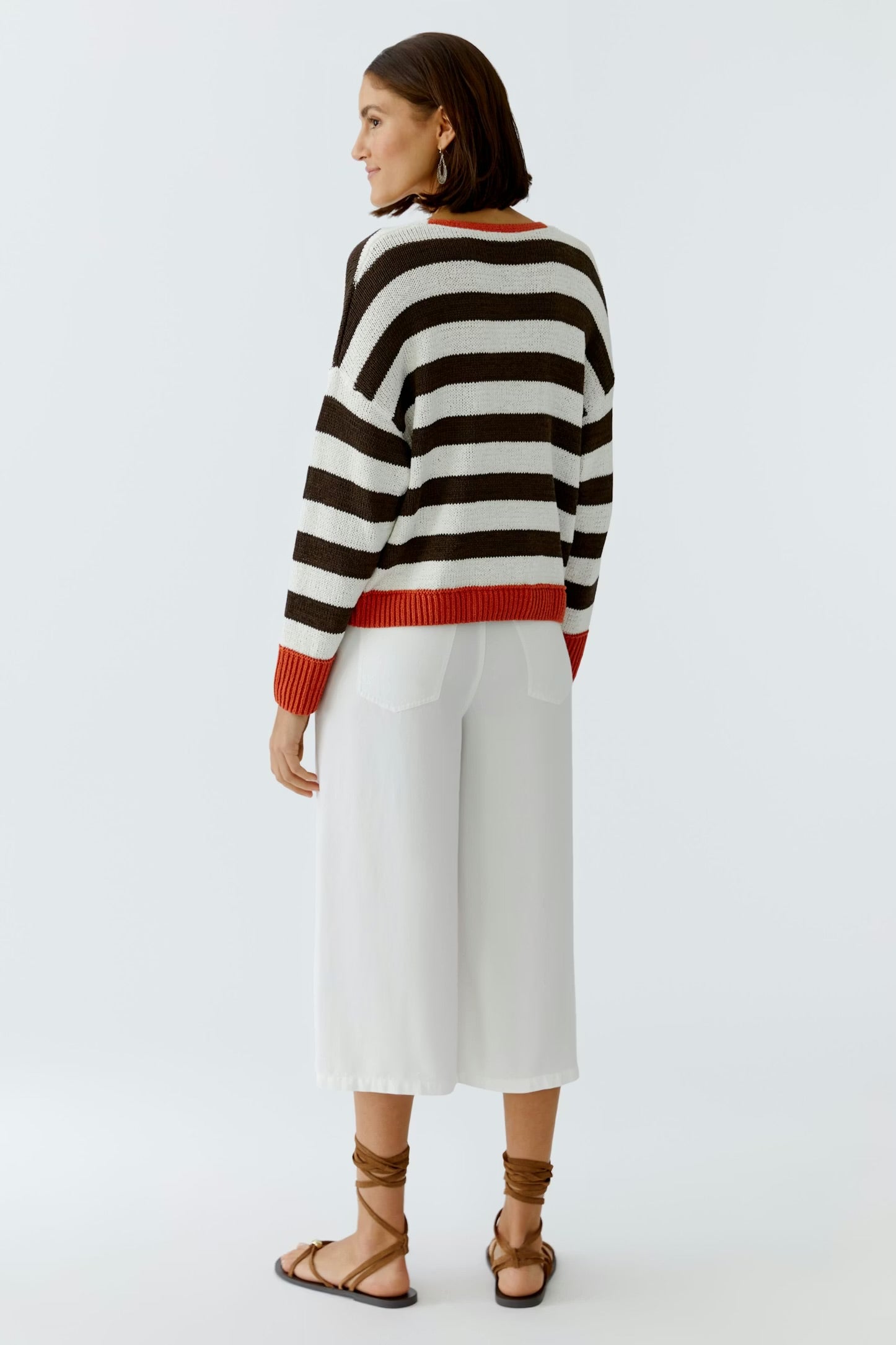 Oui Striped Pullover In White & Brown