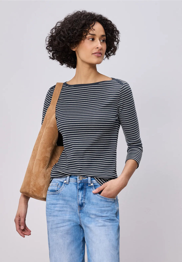 Street One Boat Neckline Striped Top In Navy