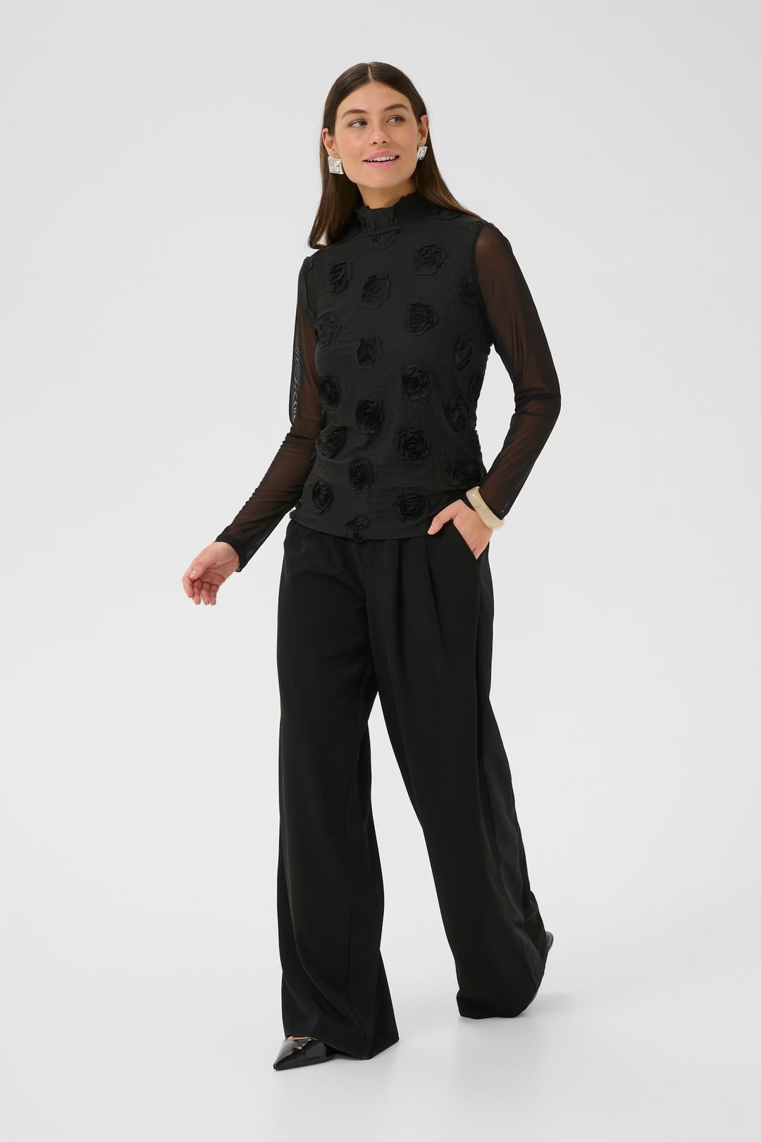 Culture Floral Print Mesh Top In Black