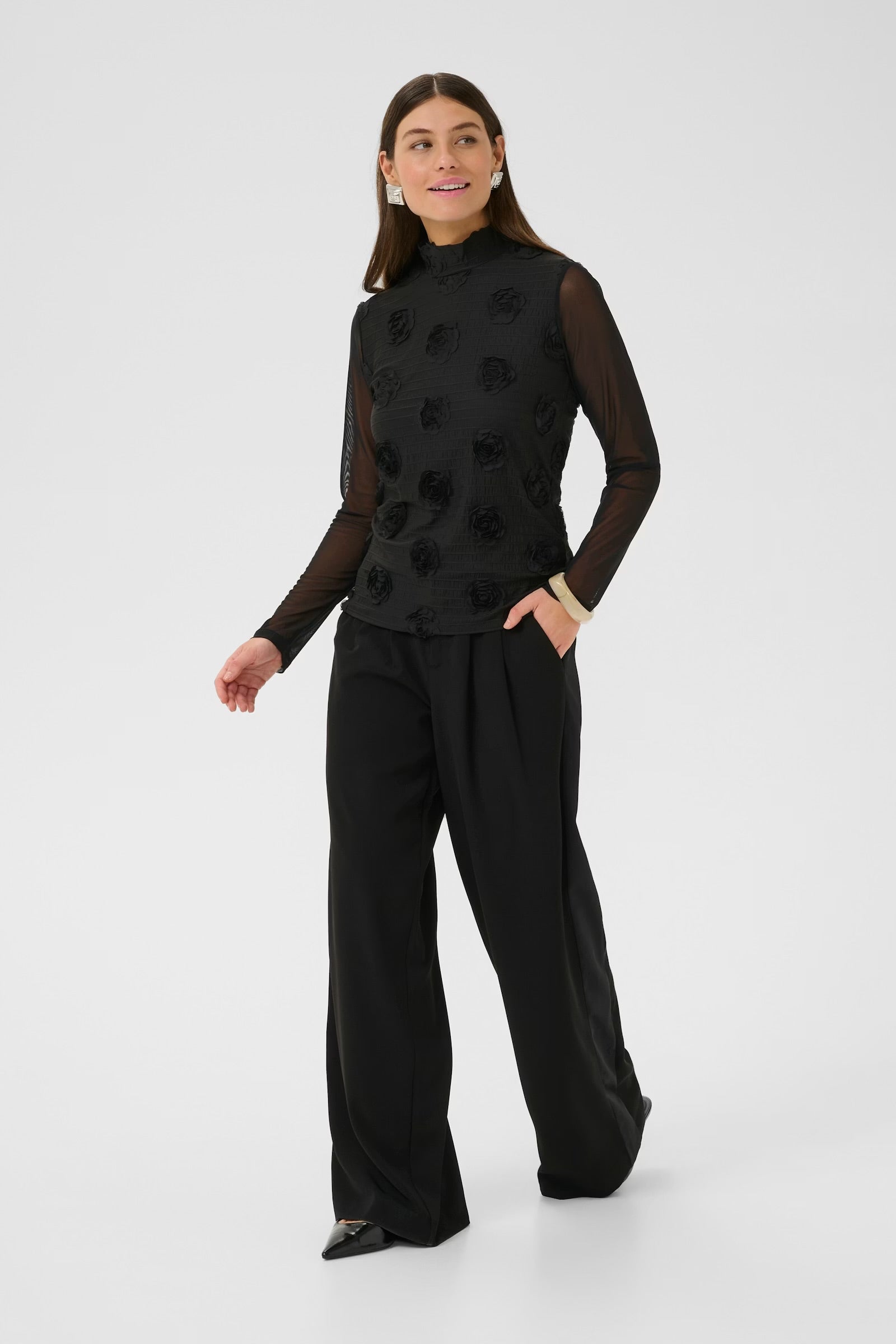 Culture Floral Print Mesh Top In Black