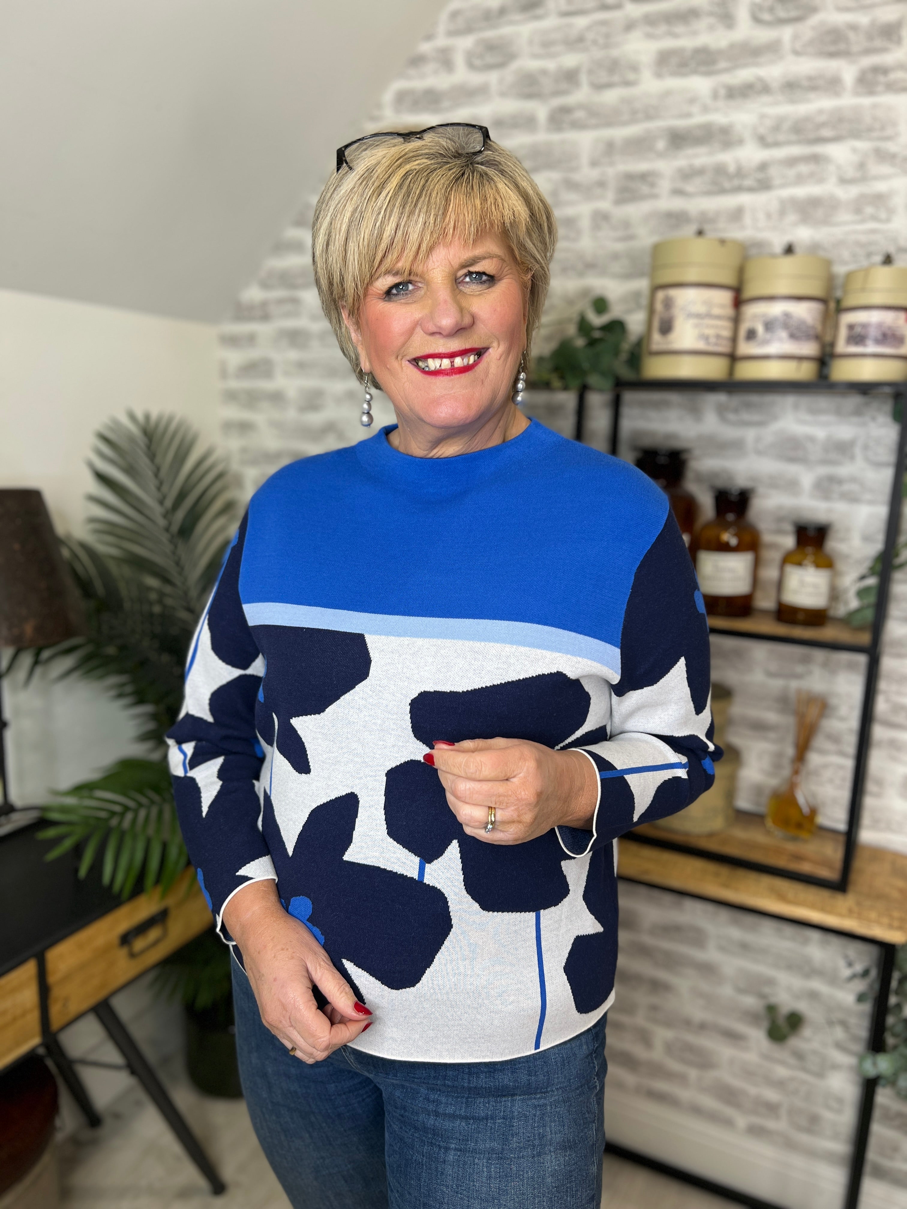 Oui Jacquard Floral Pullover In Blue & white