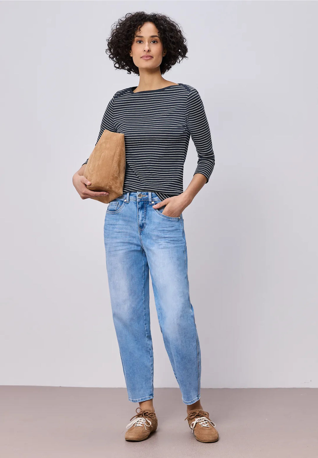 Street One Boat Neckline Striped Top In Navy