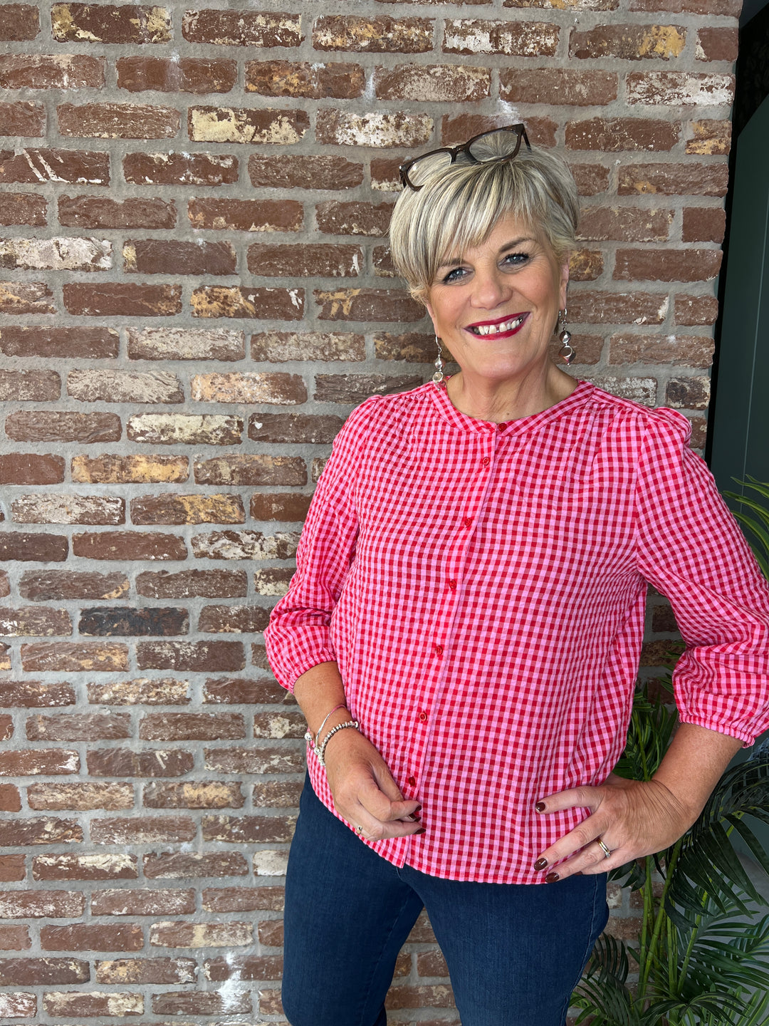 Street One Seersucker Gingham blouse In Salsa Red