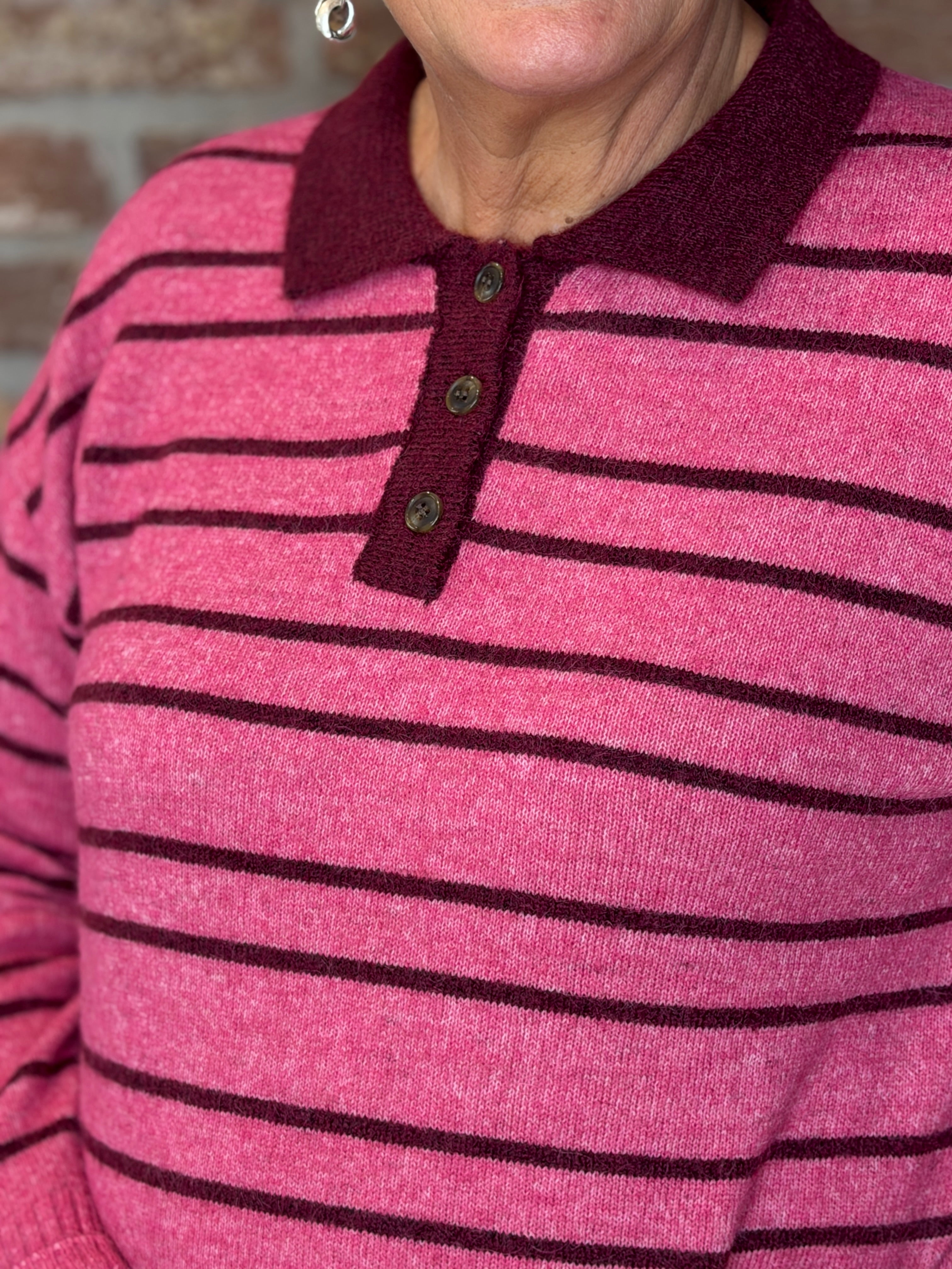 Stripe Polo pullover in burgundy & pink