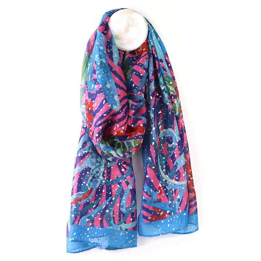 Pom Zebra Foil Print Scarf In blue & pink