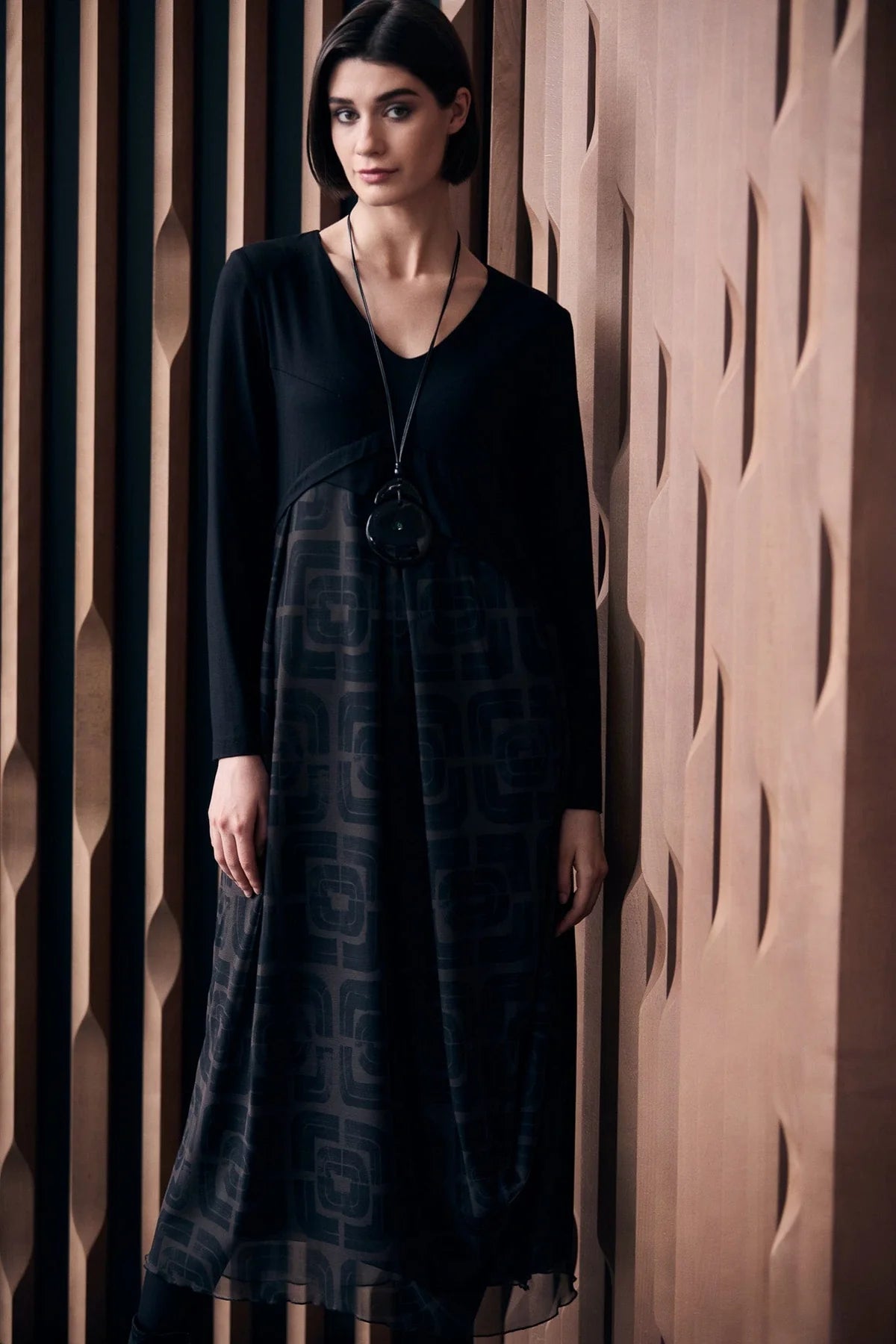 Peruzzi Contrast Fabric Dress In Black & Brown