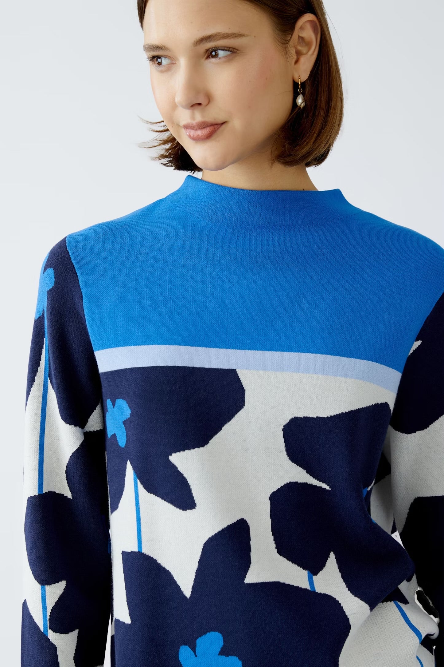 Oui Jacquard Floral Pullover In Blue & white