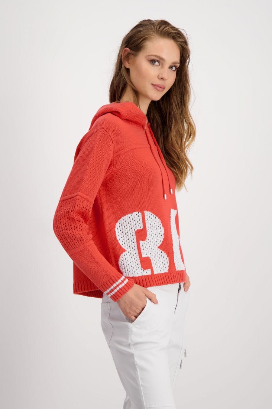 Monari Knitted Hoodie With Letters In Bright Coral