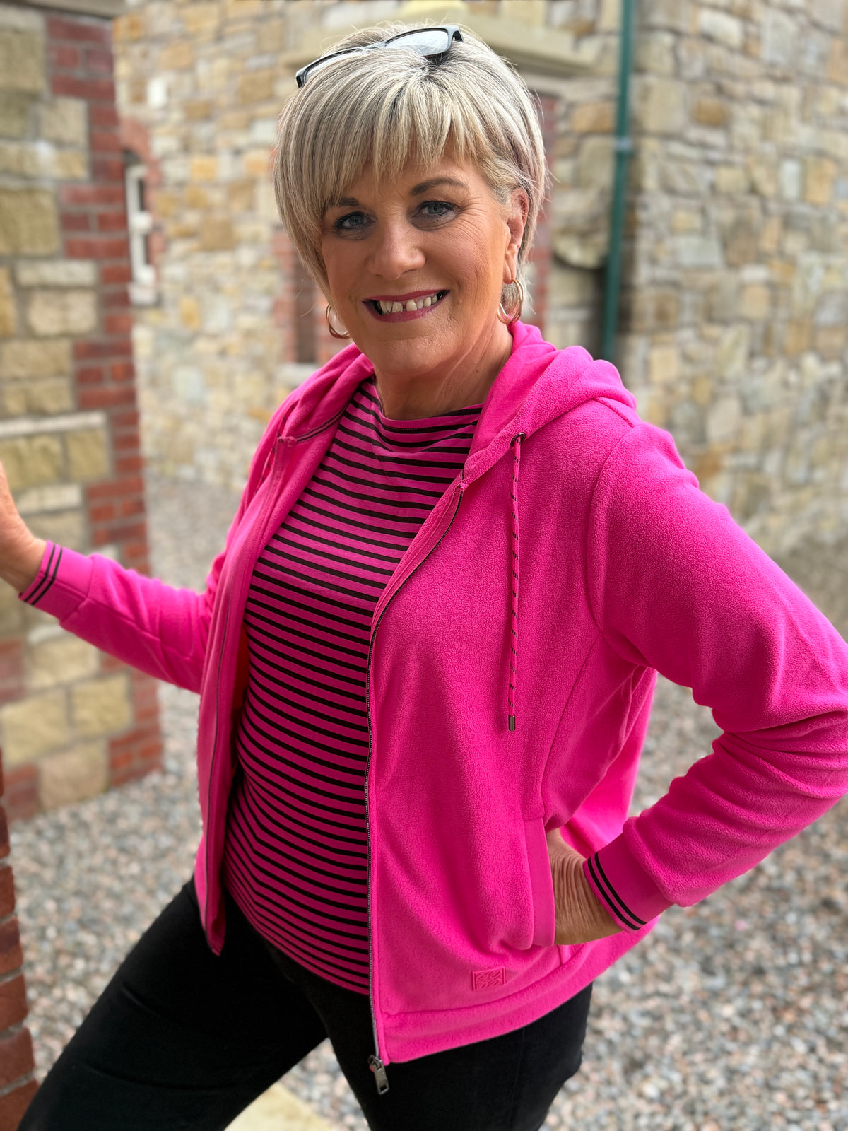 Fleece hooded jacket in pink flash