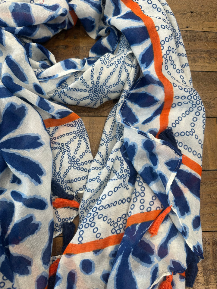 Olivia Tassel Leaves Scarf In Denim Blue