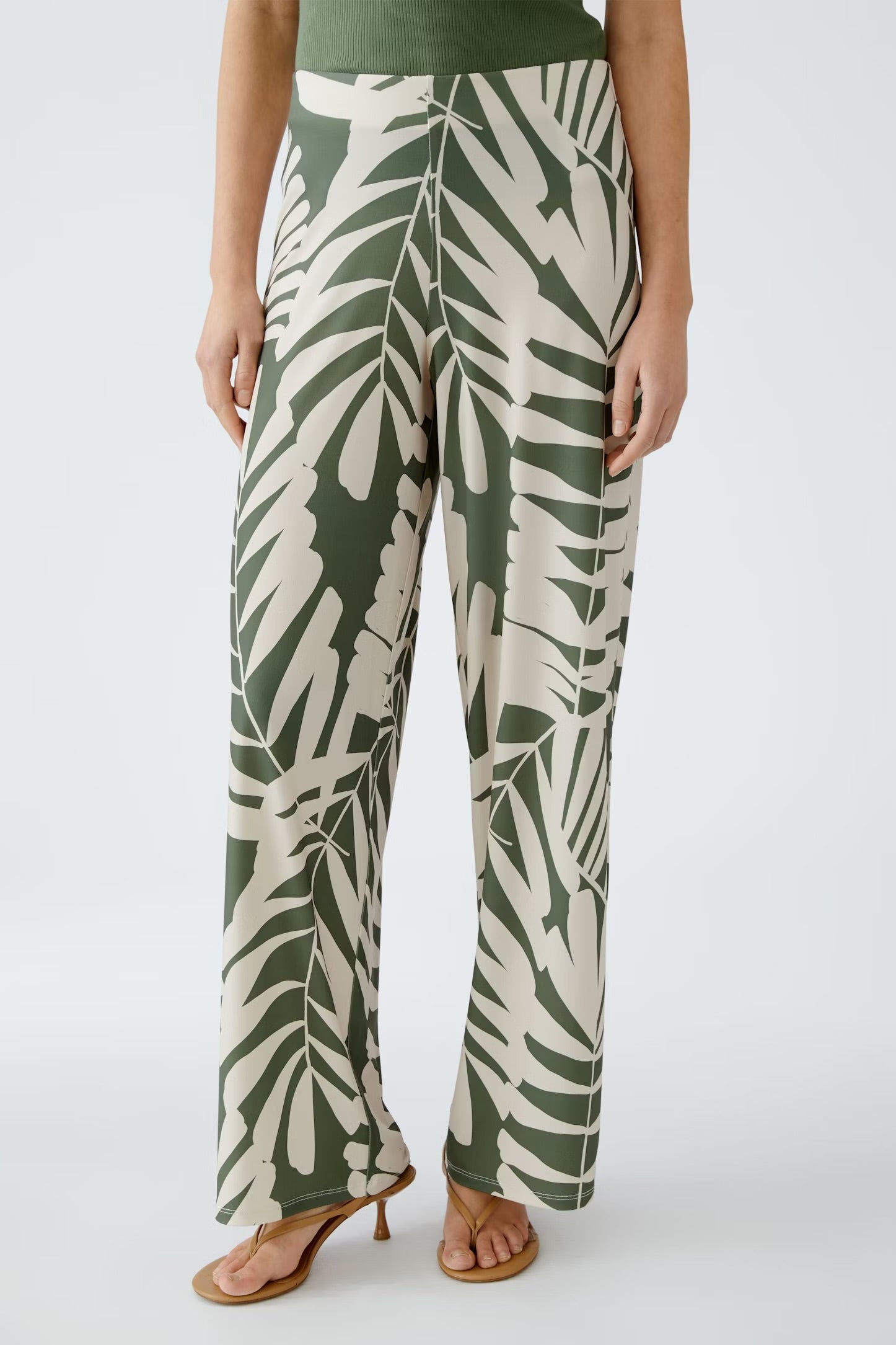 Oui Floral Trousers In Khaki & Stone