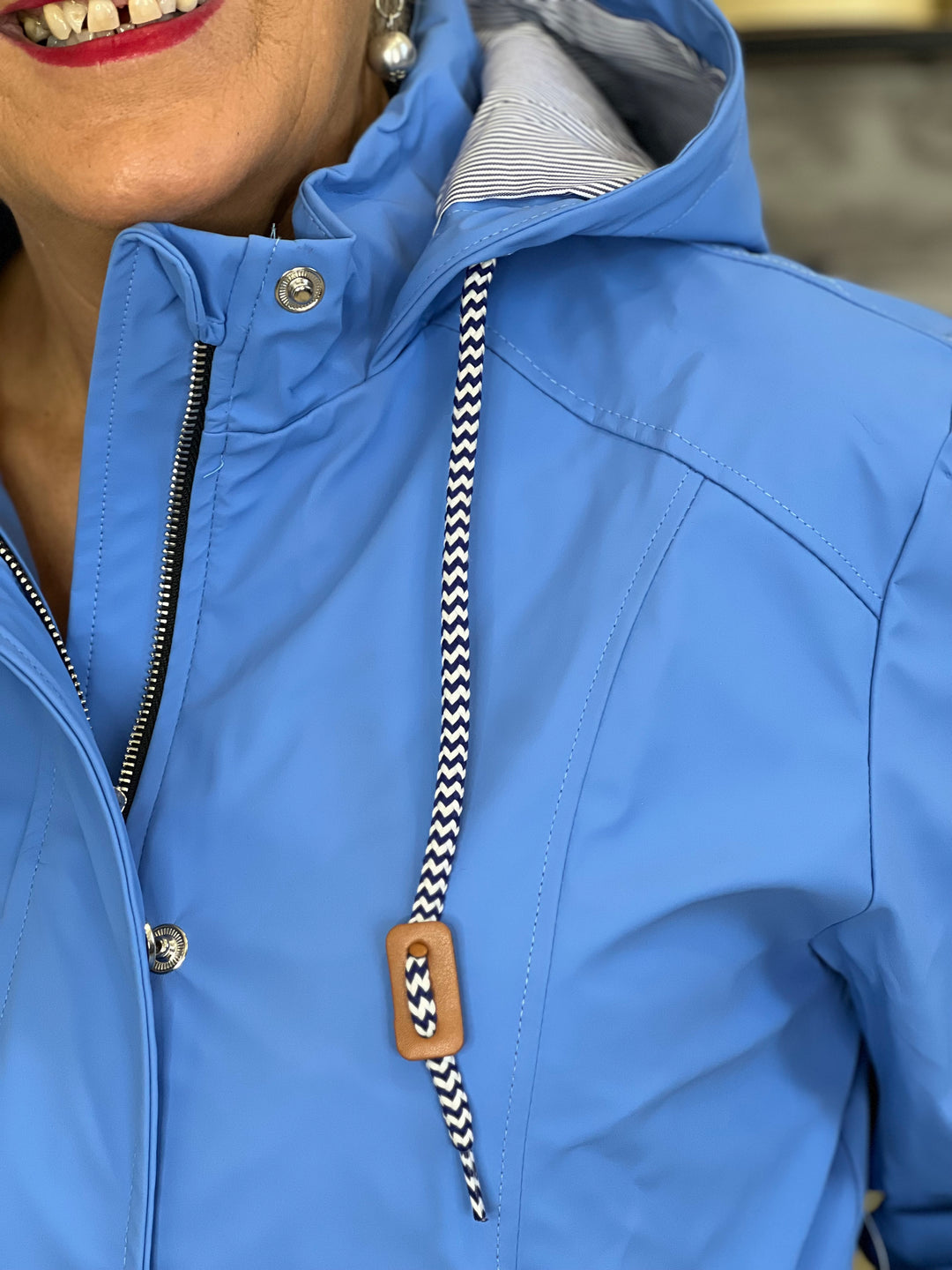 Hailey Long Striped Lined Rain Jacket In Blue