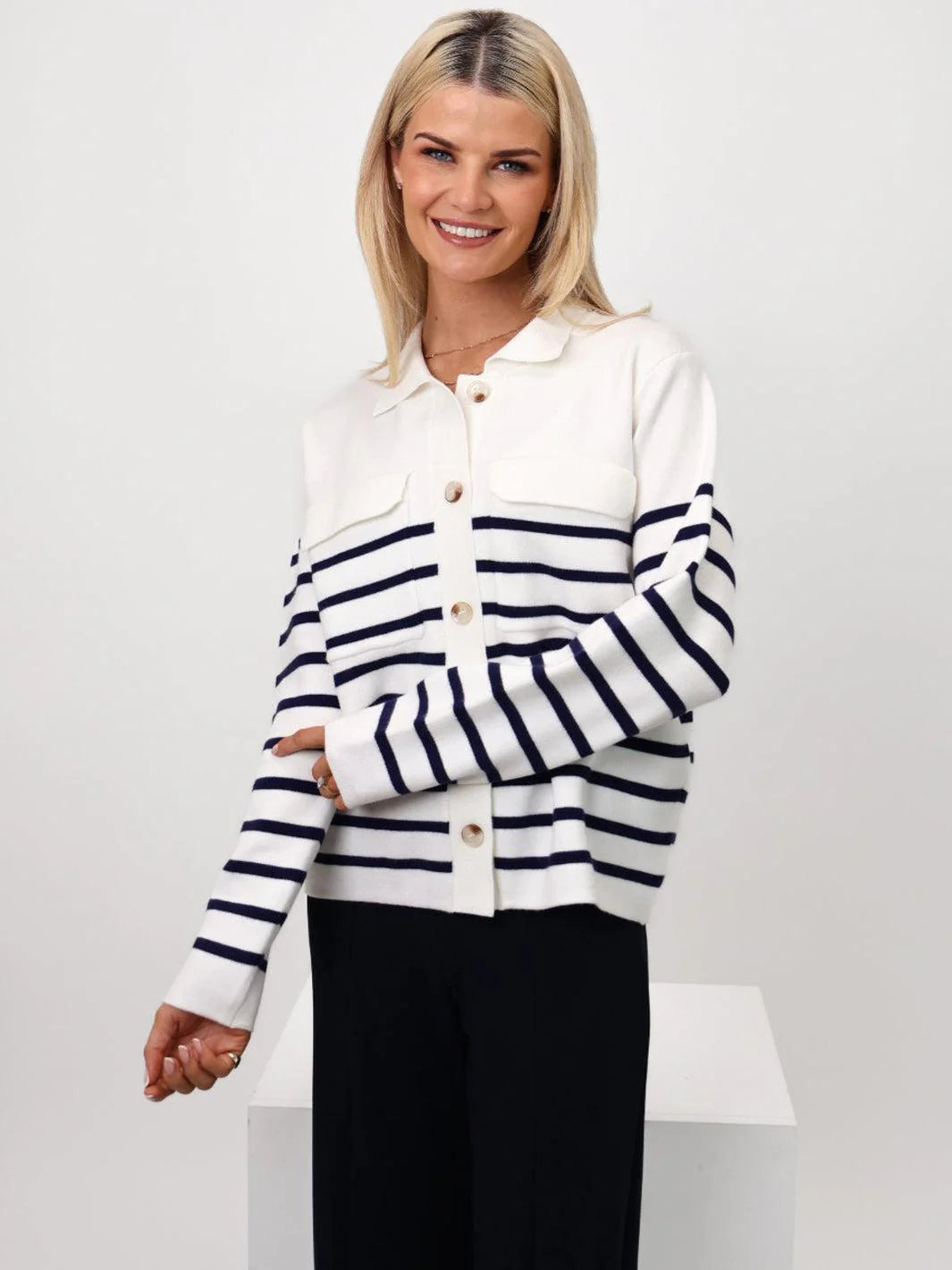 Kate & Pippa Dani Cardigan In White & Navy striped