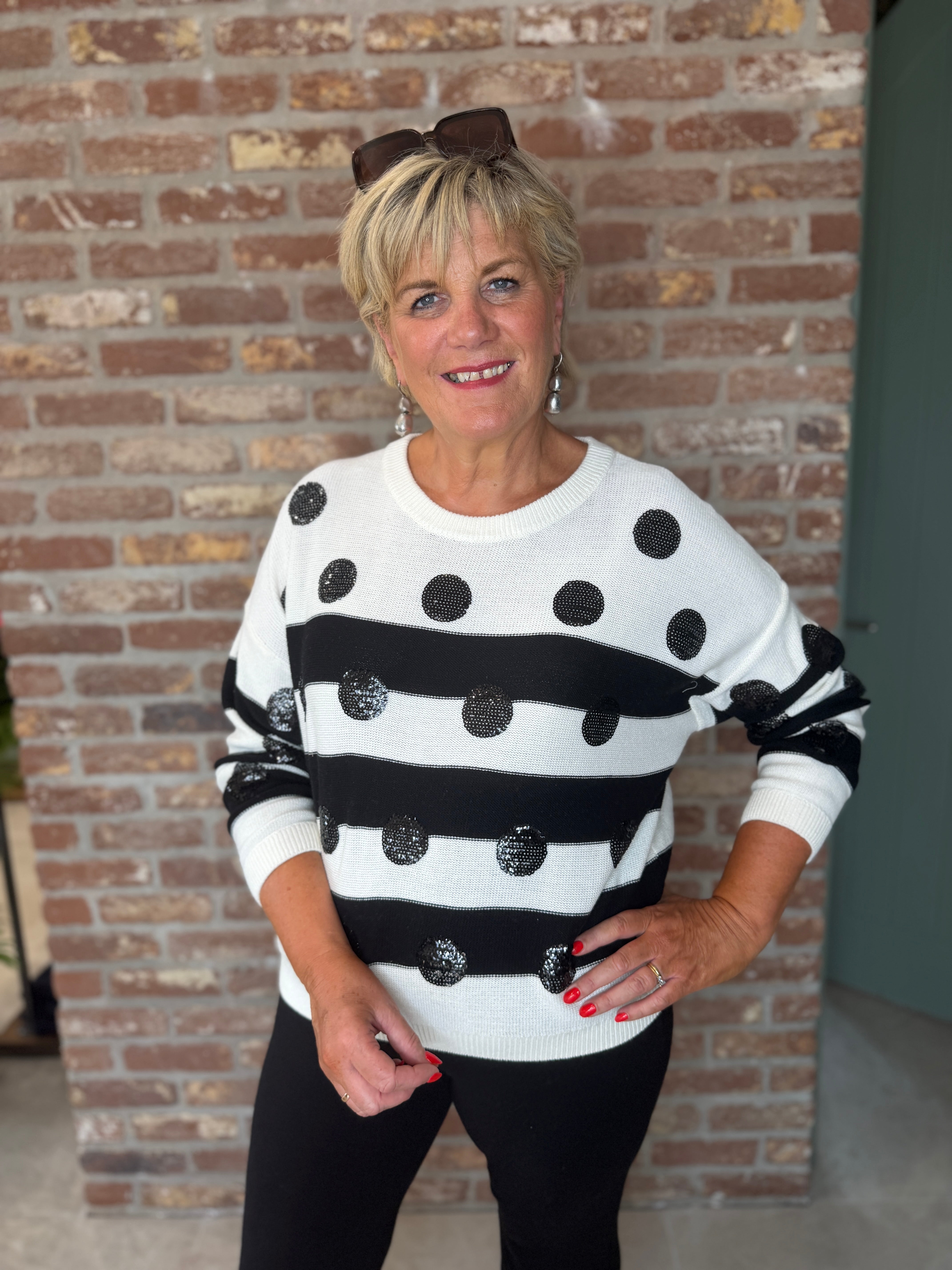 Oui sequin dots patterned jumper in white & black