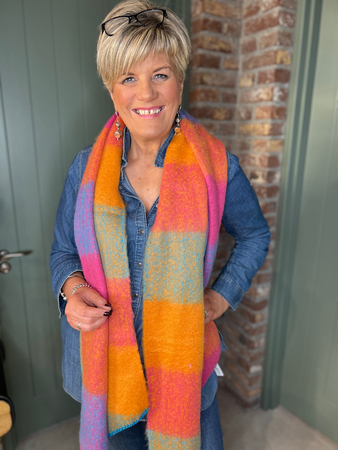 Sophie Tartan Angled Scarf In Blue Multi