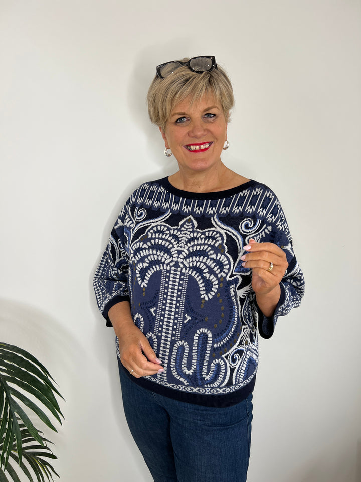 Oui Jacquard Pullover In Blue