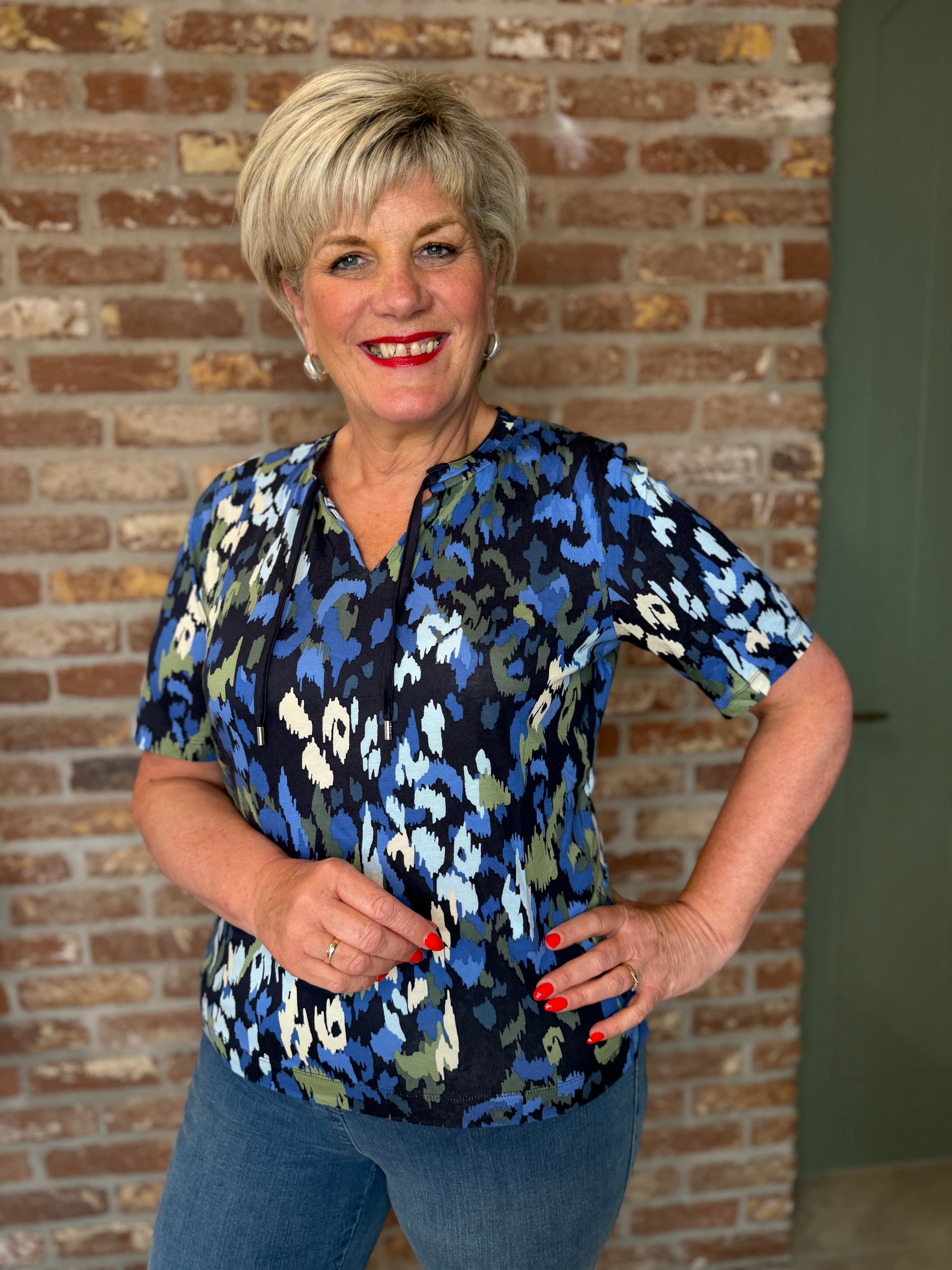 Cecil Patterned T-shirt With Toggles In Urban Dark Blue