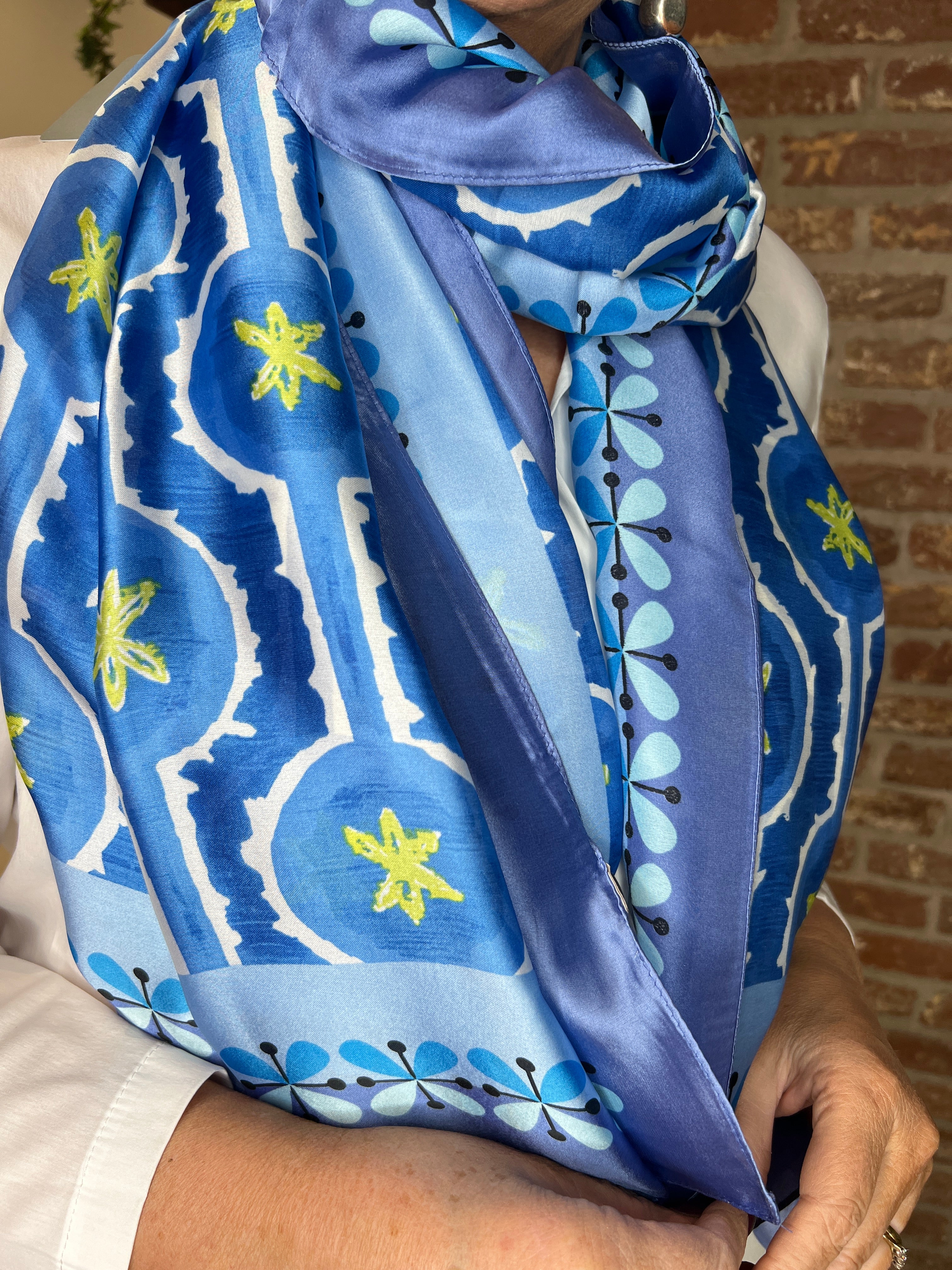 Pipa Patterned Silk Scarf In Blue Multi