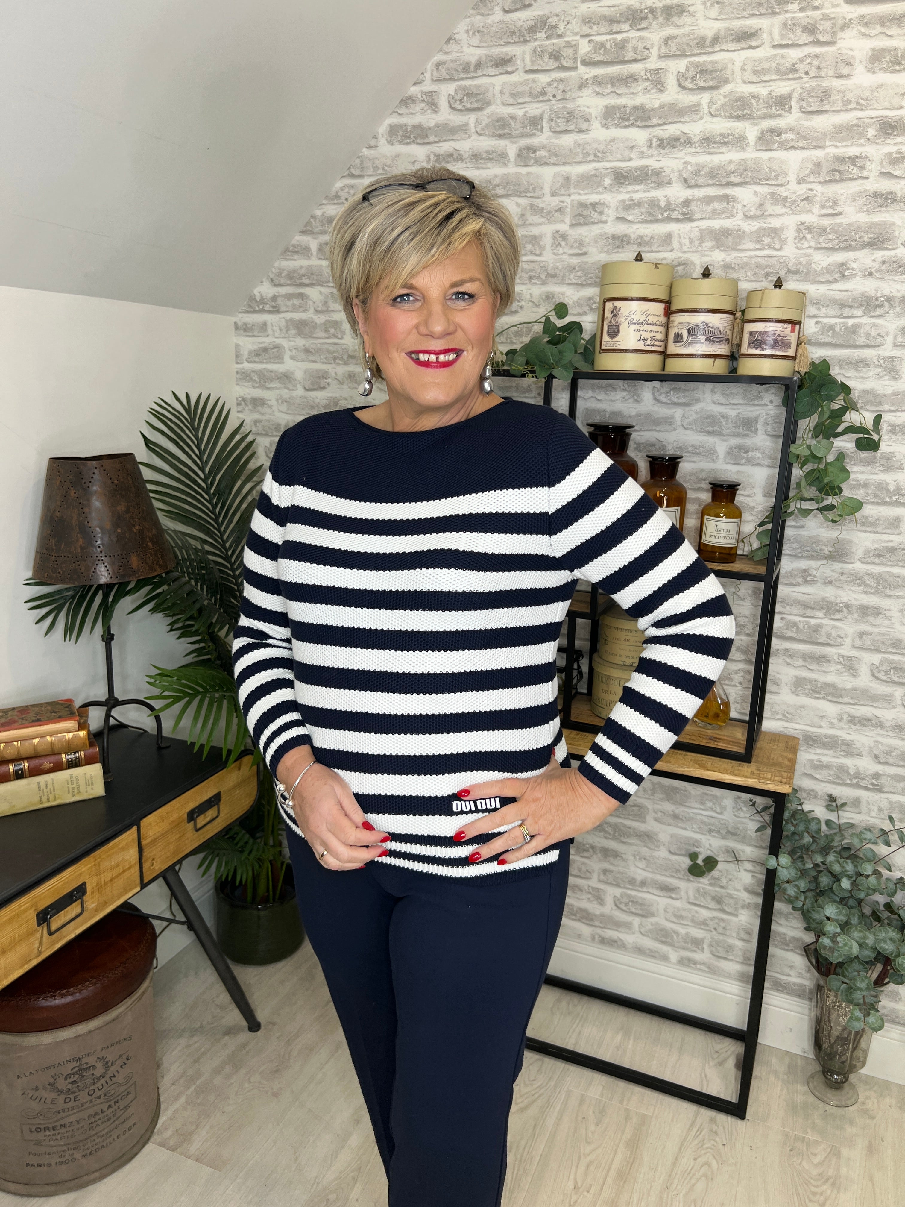 Oui Striped Jumper In Navy & White