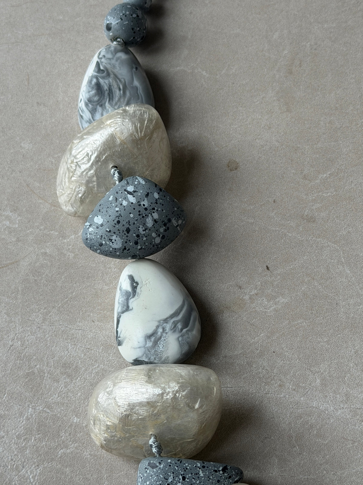 Pebble & ball bead necklace in grey & stone