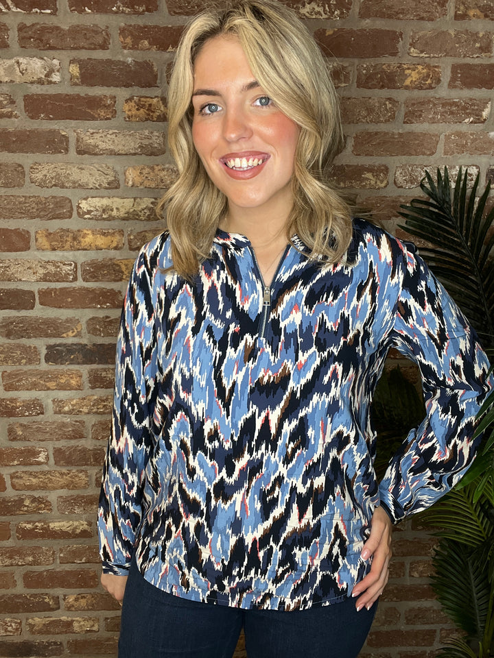 Cecil Print Zip Blouse In Cloud Blue